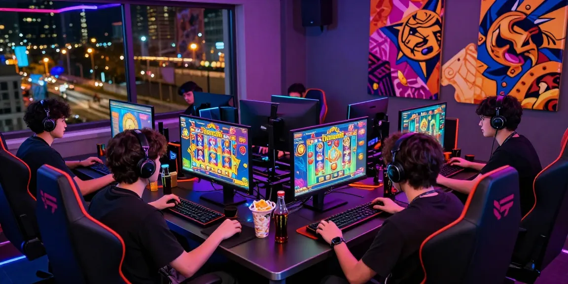 Exciting gaming session featuring players engaged with Fortune Gems slot game, showcasing vibrant setups and a lively atmosphere.