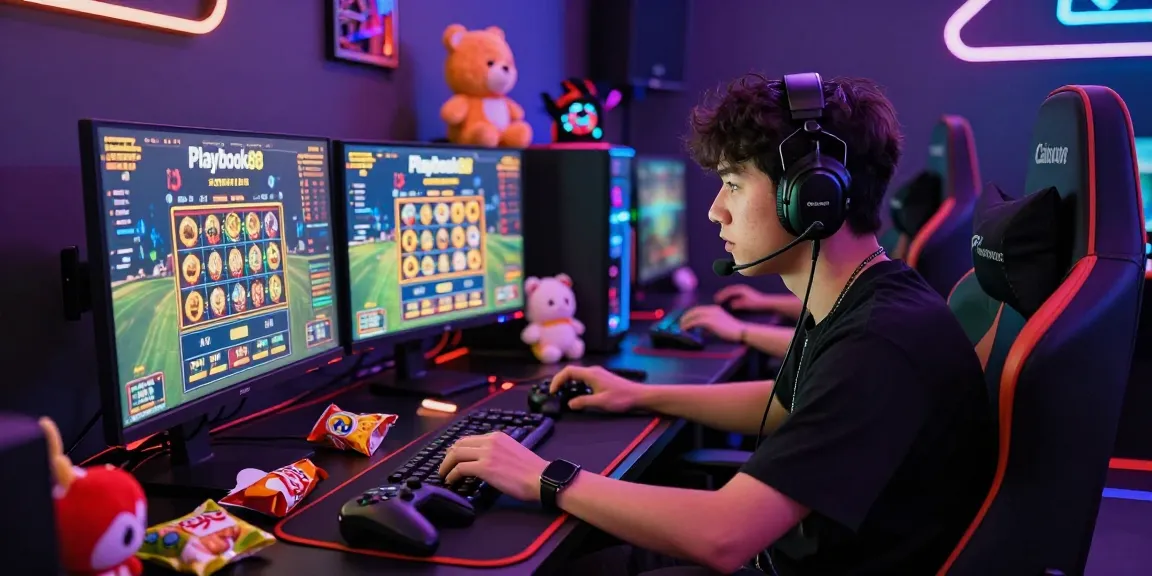 Playbook88 online gaming scene with player engaged in slot gameplay, colorful LED ambiance and multiple monitors.
